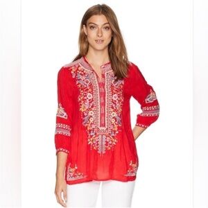 Johnny Was Bethany Embroidered Tunic Top Size XS Strawberry Red Floral Cupra